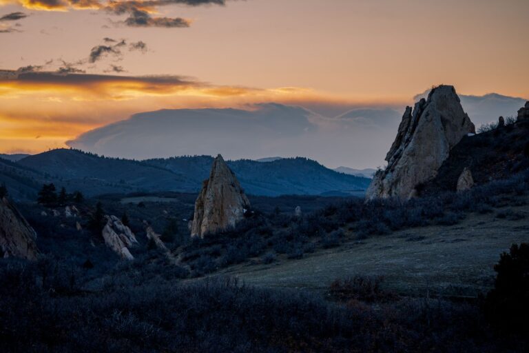 Scenic view of rocky pinnacles at sunset in Castle Rock, Colorado.